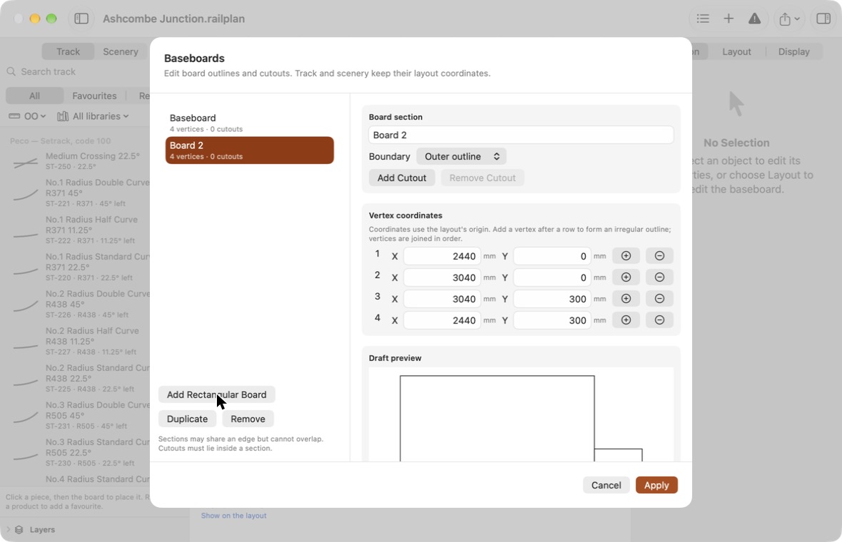 The Baseboards sheet with two board sections and a draft preview