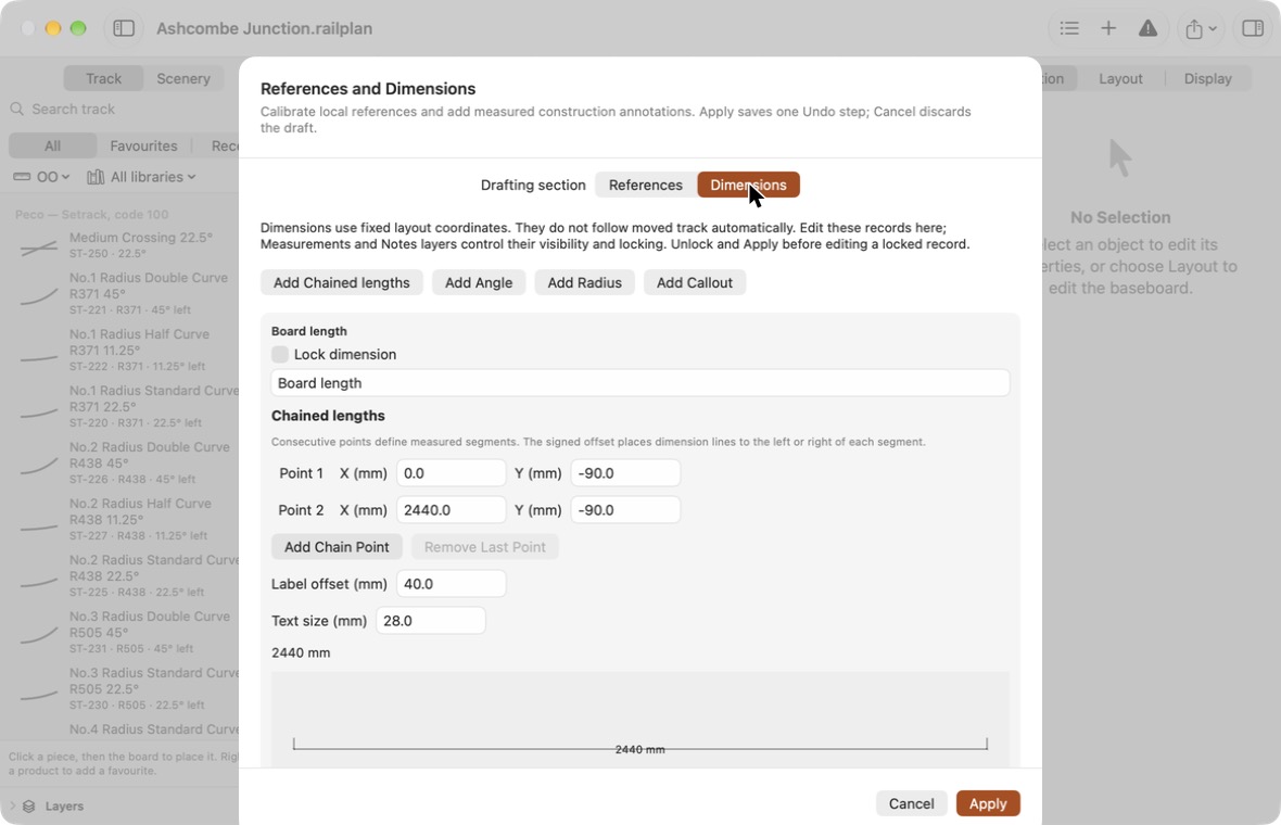 The Dimensions tab, editing a chained length across the board