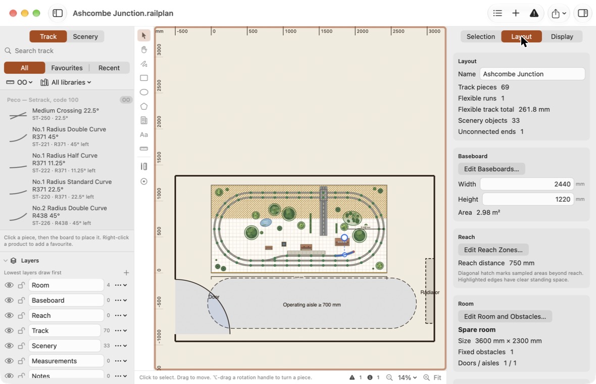 The Layout tab of the inspector, with the Layers list open in the catalogue drawer