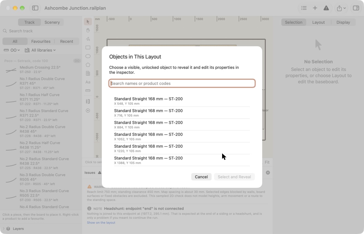 The object list, searchable by name and product code