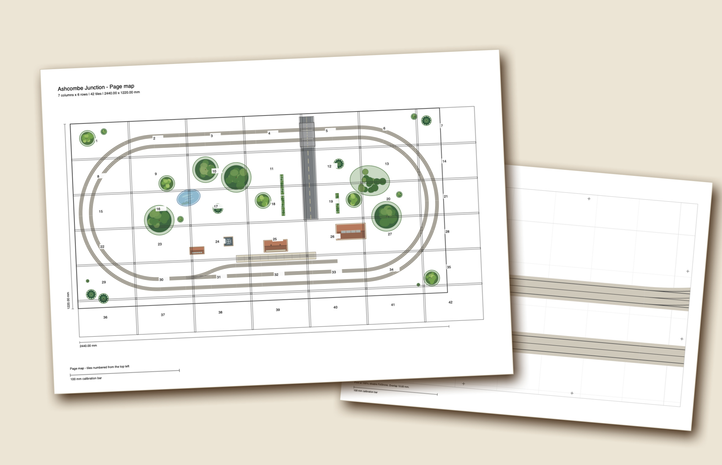 Two pages of a printed plan: the page map, and one full-size tile with registration crosses