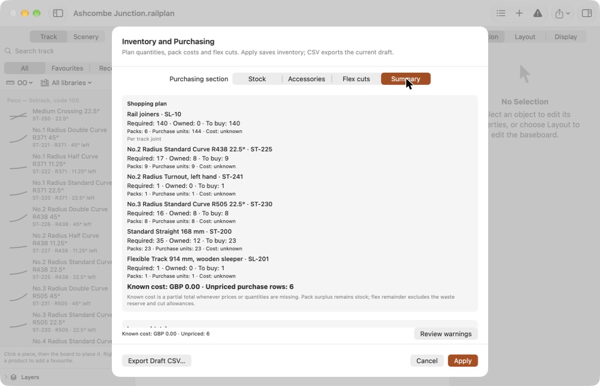 The Summary section: a shopping plan listing what to buy